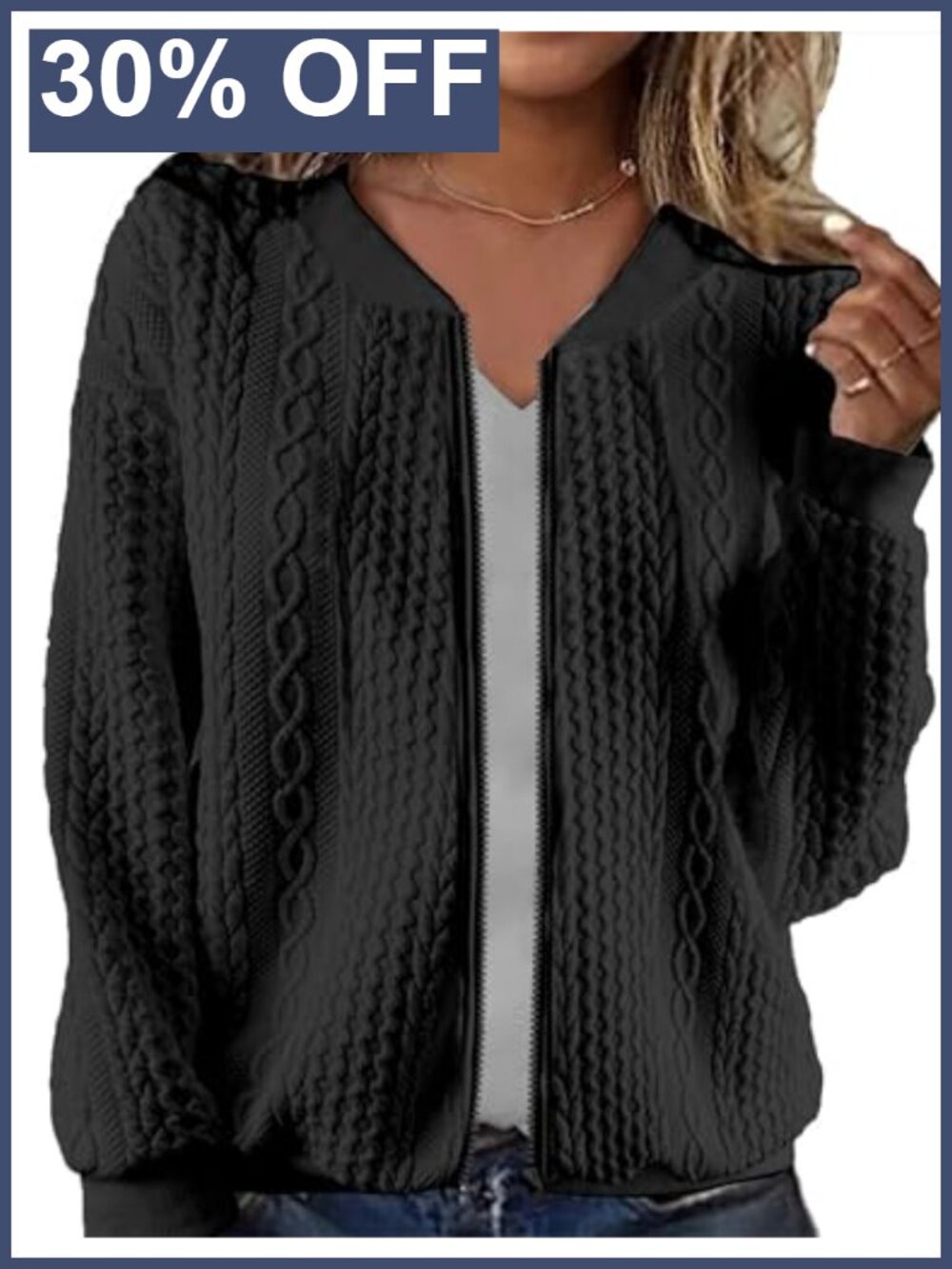 Women's Zip Up Cardigan Cable Knit Hoodie Long Sleeve Crewneck Casual Sweater